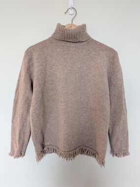 Rafaella Taupe 100% Lambswool Fringe-Hem Turtleneck Sweater